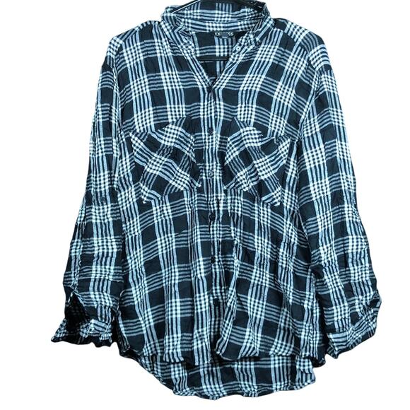 Express Womens Shirt Black White Plaid Button Down Roll Tab Sleeve Medium - Picture 1 of 12